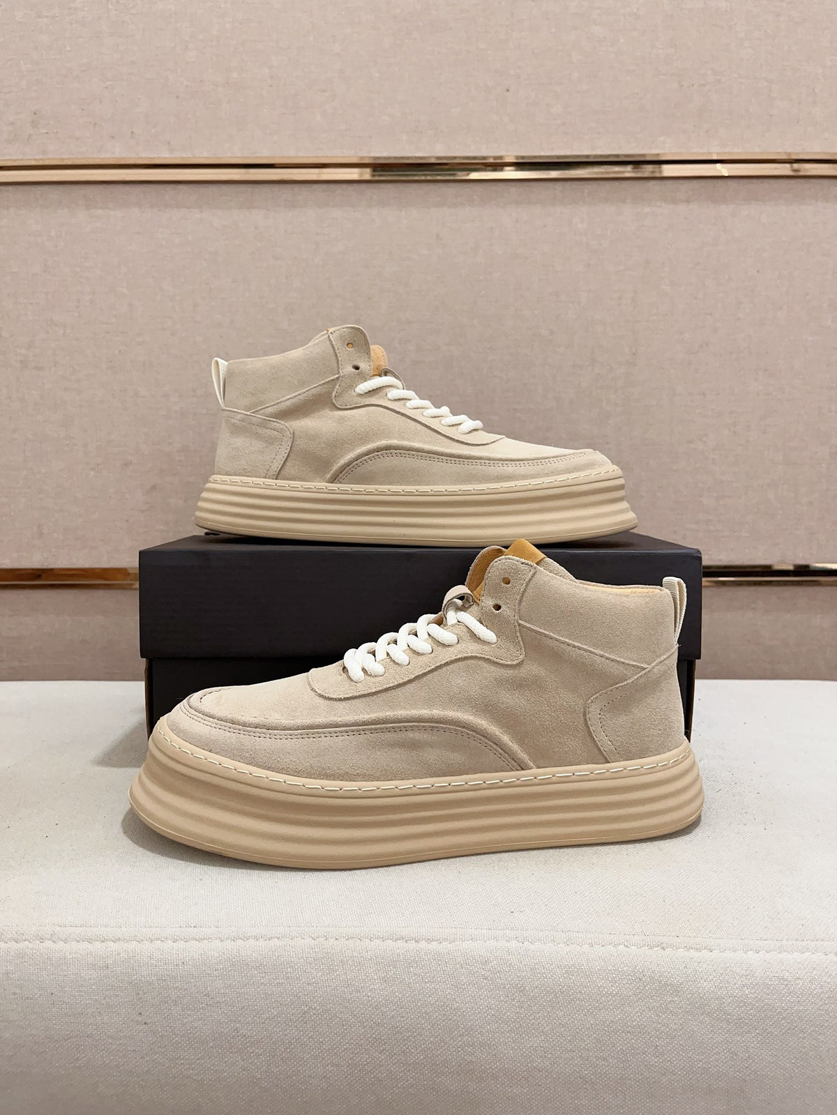 Premium Suede High-Top Platform Sneaker – Cream White