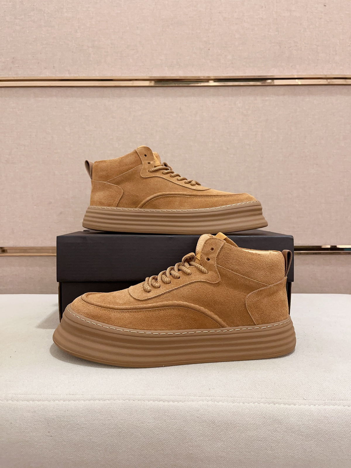 Premium Suede High-Top Platform Sneaker – Caramel